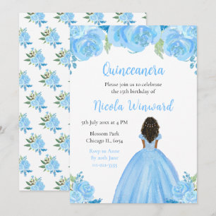 Invitation Peau foncée princesse bleu Floral Quinceanera