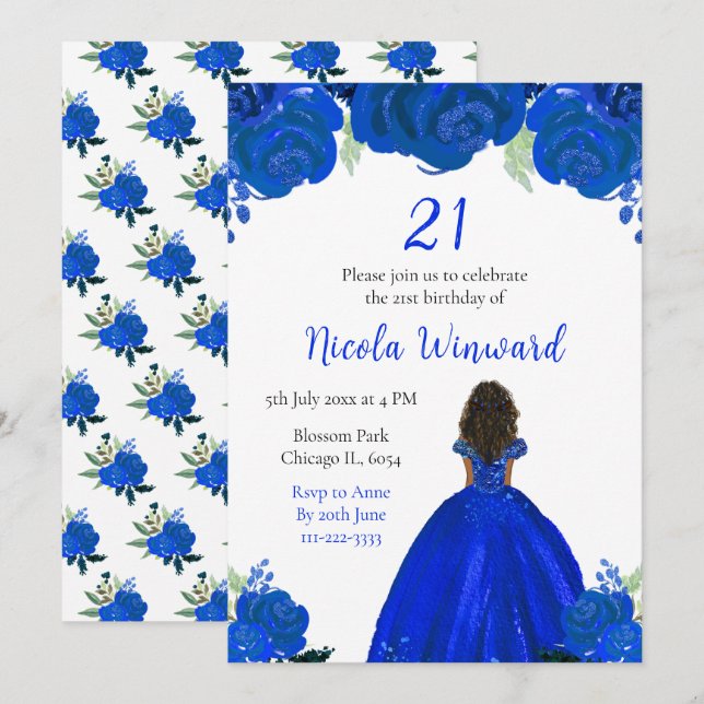Invitation Peau foncée Princesse Florale Bleue Fête d'anniver (Devant / Derrière)