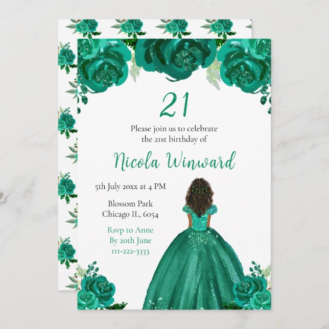 Invitation Peau foncée Princesse Flore verte fête d'anniversa (Devant / Derrière)