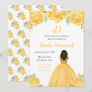 Invitation Peau foncée Princesse or Floral fête d'anniversair