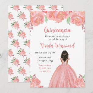 Invitation Peau foncée princesse rose Floral Quinceanera