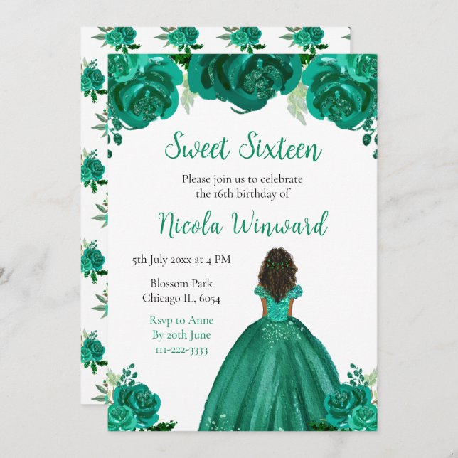 Invitation Peau foncée Princesse Sweet sixteen Floral vert (Devant / Derrière)