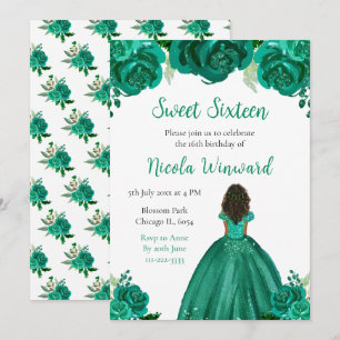 Invitation Peau foncée Princesse Sweet sixteen Floral vert