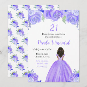 Invitation Peau foncée princesse violet florale fête d'annive
