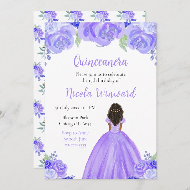 Invitation Peau foncée princesse violette Quinceanera (Devant / Derrière)