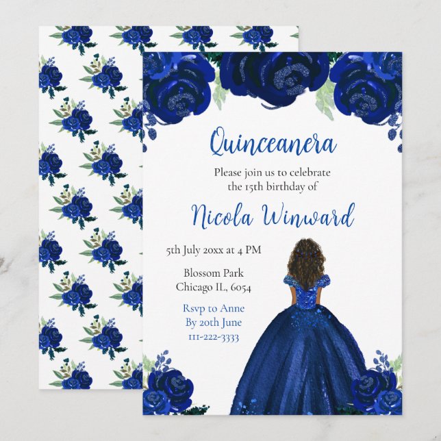 Invitation Peau noire Princess Marine Floral Quinceanera (Devant / Derrière)