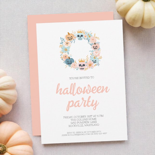 Invitation Peau rose éffrayant Fête d'Halloween (Spooky Pink Skull Floral Wreath Halloween Party Invitation)