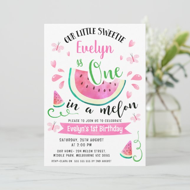 Invitation Peau rose mignonne un dans un melon 1er anniversai (Debout devant)