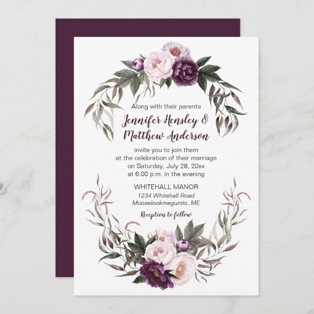 Invitation Peau rose Plum violet Peonies Mariage #2 (Devant / Derrière)
