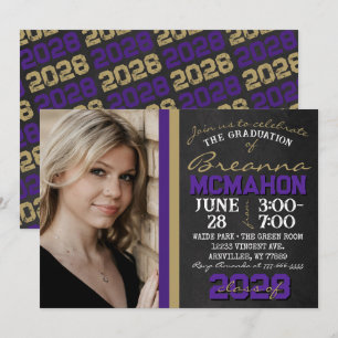 Invitation Peau violet & Bronze or Chalkboard Graduation Phot