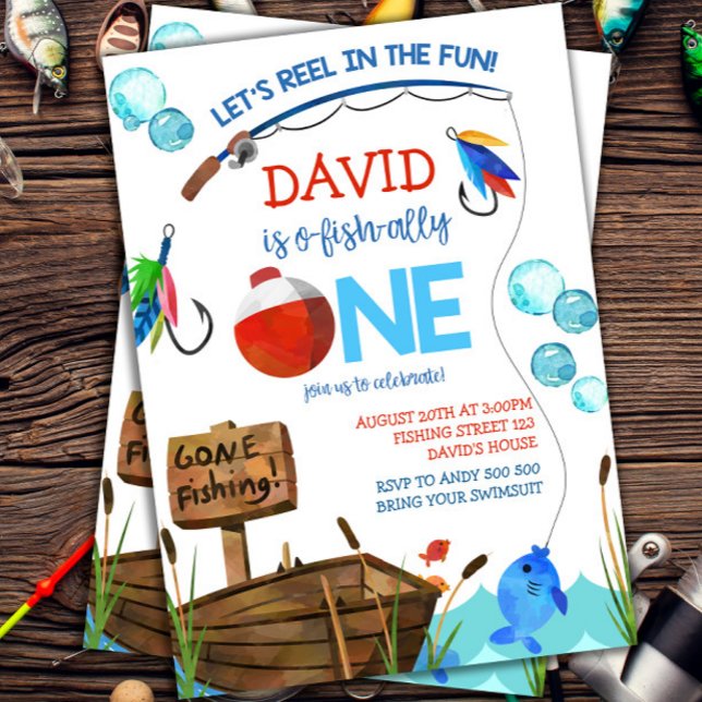 Invitation Pêche 1er anniversaire Garçon O-fish-ally (1st Birthday Ofishally ONE Fishing themed)