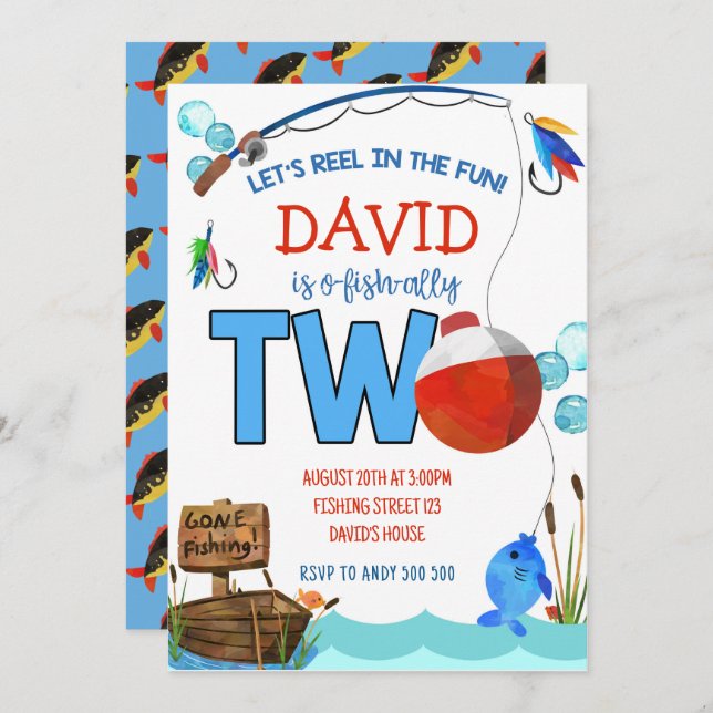 Invitation Pêche 2e anniversaire Boy Party O-fish-ally (Devant / Derrière)