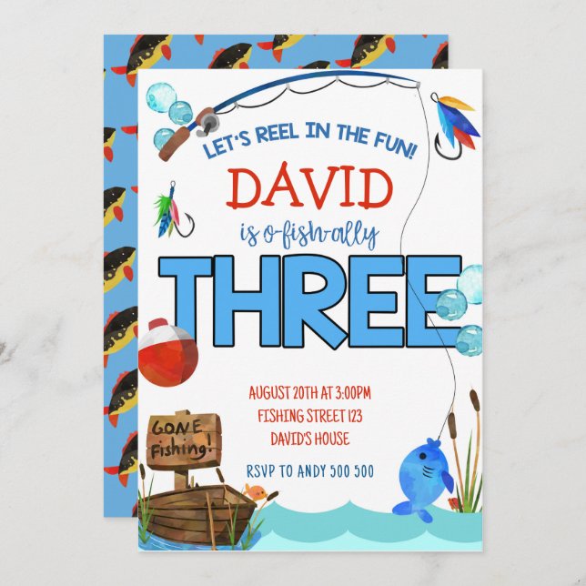 Invitation Pêche 3e anniversaire Boy Party O-fish-ally (Devant / Derrière)