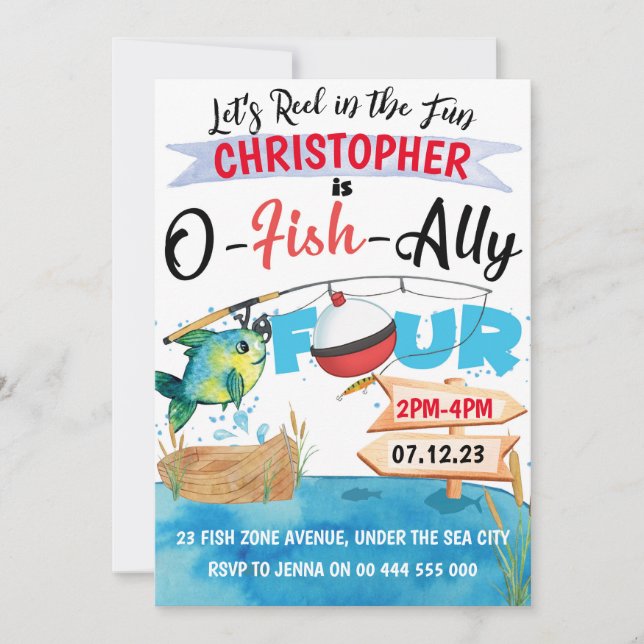 Invitation Pêche 4e anniversaire O-Fish-Ally Four Boy (Devant)