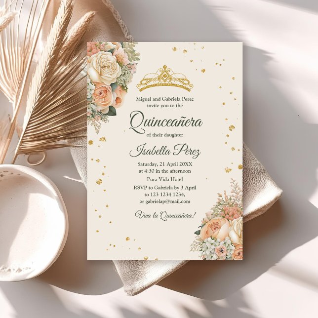Invitation Pêche à la crème Florale et Gold Tiara Quinceanera (Cream Peach Floral and Gold Tiara Quinceanera Invitation on a table with neutral decoration.)