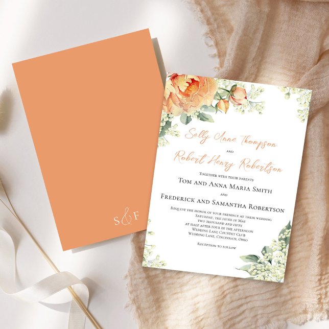 Invitation Pêche Aquarelle Florale Mariage élégant (Wedding beautiful peach and green floral invitations. )