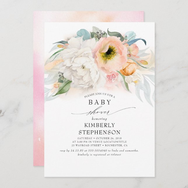 Invitation Pêche blanc et rose Baby shower bohème floral (Devant / Derrière)