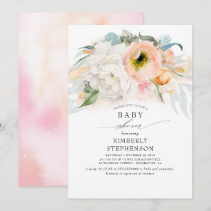 Invitation Pêche blanc et rose Baby shower bohème floral