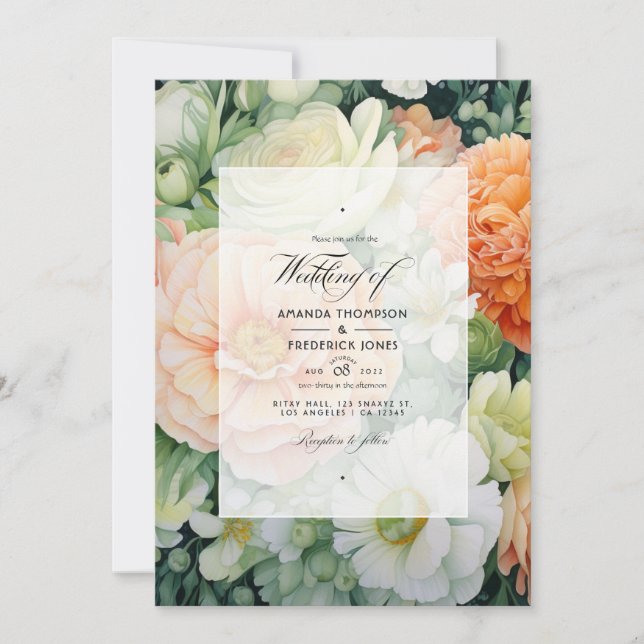Invitation Pêche, blanc et vert Mariage floral (Devant)