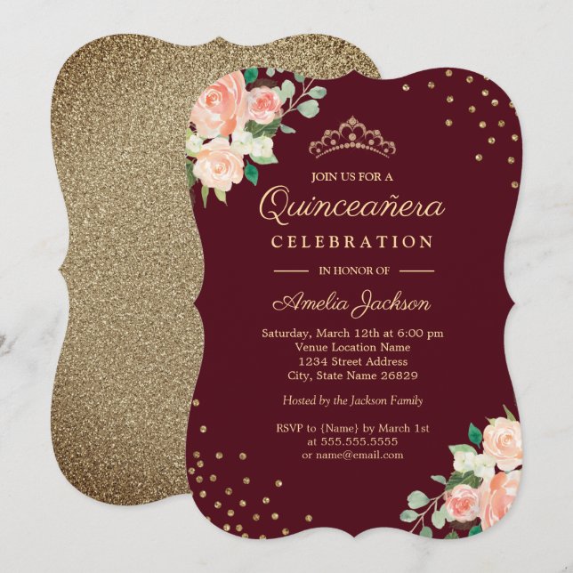 Invitation Pêche Bourgogne Or Floral Confetti Quinceanera (Devant / Derrière)