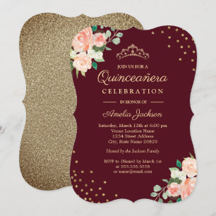 Invitation Pêche Bourgogne Or Floral Confetti Quinceanera