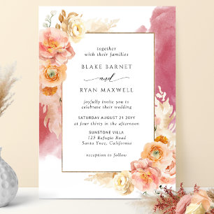 Invitation Pêche Burgundy Blush Floral, Mariage Aquarelle