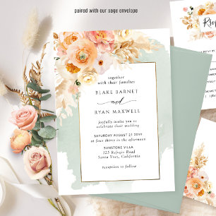 Invitation Pêche Chic, Blush, Champagne, Mariage Floral Sage