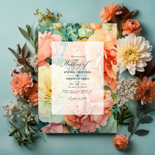 Invitation Pêche, crème et Mariage floral vert de mer