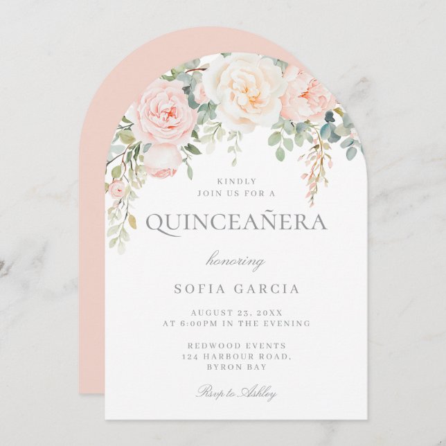 Invitation Pêche & Crème Floral Quinceanera 15ème Partie (Devant / Derrière)