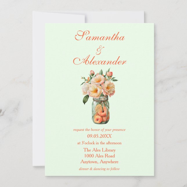 Invitation Pêche dans un Mason Jar Mariage floral vert (Devant)