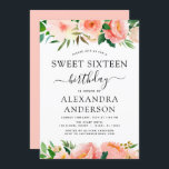 Invitation Pêche de corail Sweet sixteen floral 16 Anniversai<br><div class="desc">Corail,  Pêche et blanc Floral et Eucalyptus Vert Botanique Printemps ou Été Pastel Sweet sixteen (16e) Anniversaire Fête Invitations - comprend une belle et élégante typographie script avec des fleurs botaniques modernes et la verdure pour la célébration spéciale Anniversaire.</div>