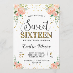 Invitation Pêche de pivoine florale Sweet sixteen 16 Fille An