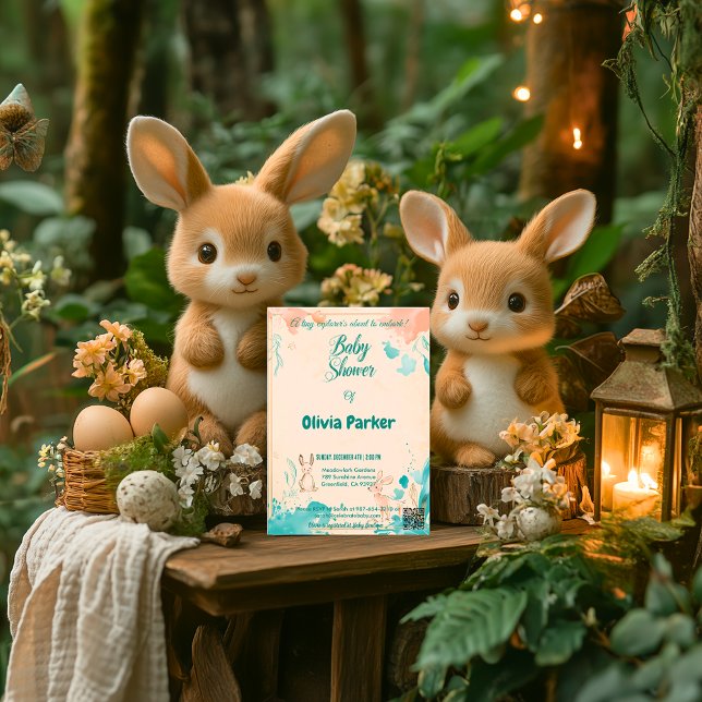 Invitation Pêche délicate et aquarelle Turquoise Animaux Bébé (Créateur téléchargé)