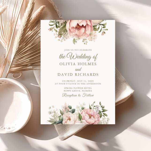 Invitation Pêche douce et Mariage floral rose pâle (Soft Peach and Blush Pink Floral Wedding Invitation on a boho wedding table.)