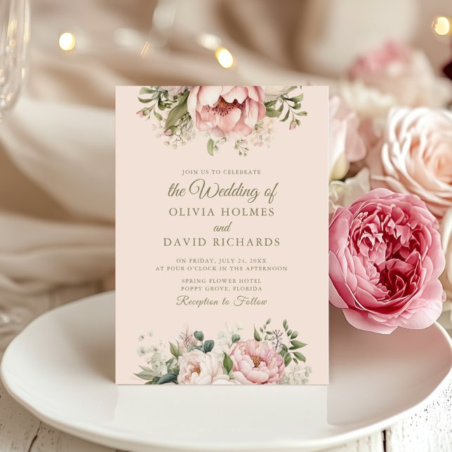 Invitation Pêche douce et Mariage floral rose pâle (Soft Peach and Blush Pink Floral Wedding Invitation on an elegant wedding table with peonies)