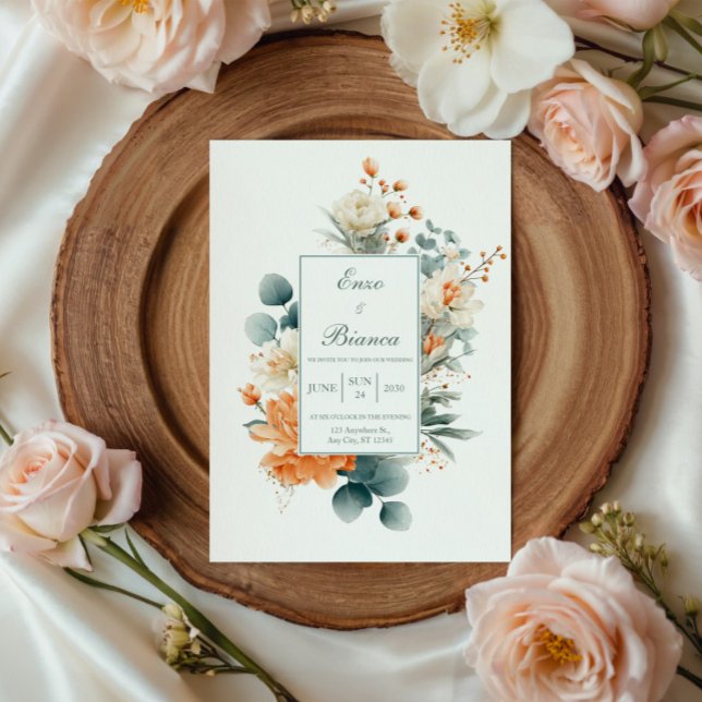 Invitation Pêche Élégante Eucalyptus Blanc Tacheté Or (Créateur téléchargé)