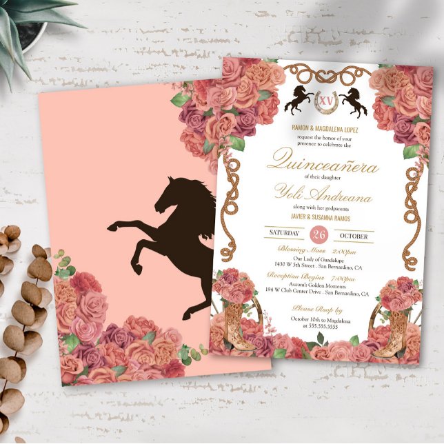 Invitation Pêche en or rose Floral Charro Ranch Quinceañera (Créateur téléchargé)
