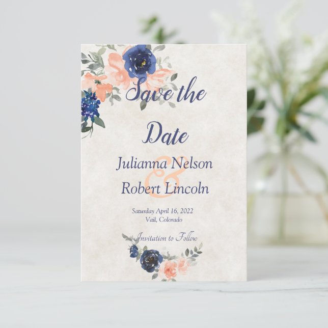 Invitation Pêche et bleu aquarelle floral enregistrer la date (Debout devant)