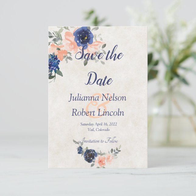 Invitation Pêche et bleu aquarelle floral enregistrer la date (Debout devant)