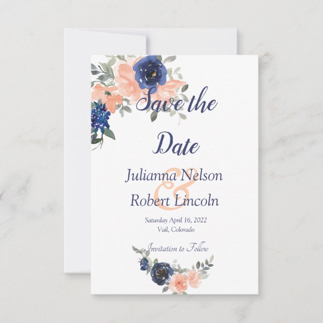 Invitation Pêche et bleu aquarelle floral enregistrer la date (Devant)