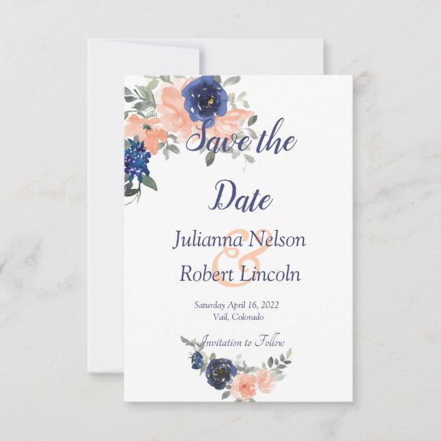 Invitation Pêche et bleu aquarelle floral enregistrer la date (Devant)