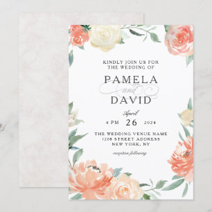 Invitation Pêche et crème Aquarelle Mariage floral