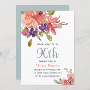 Invitation Pêche et fleurs Turquoises 90e anniversaire Invita