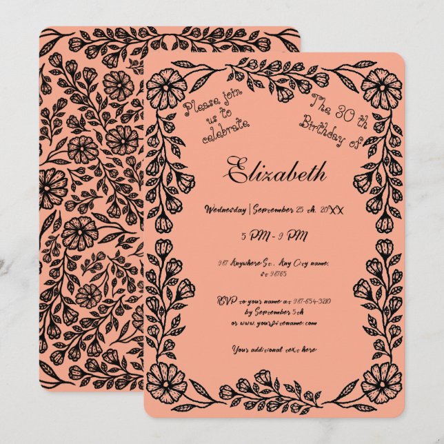 Invitation Pêche et flore botanique noire 30e anniversaire (Devant / Derrière)