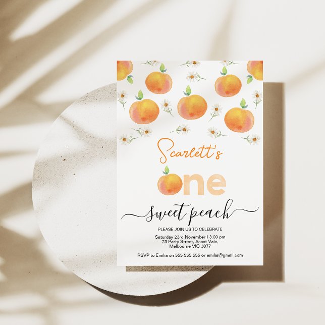 Invitation Pêche et marguerite une douce pêche 1er anniversai (Girls One Sweet Peach First Birthday Invitations, One Sweet Peach invite, 1st Birthday Invitations)