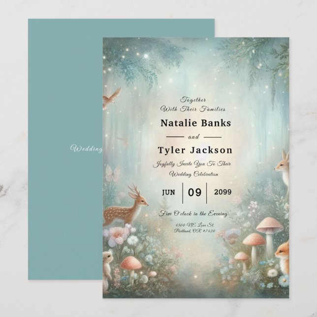 Invitation Pêche et Mariage forestier Turquoise enchanté (Devant / Derrière)