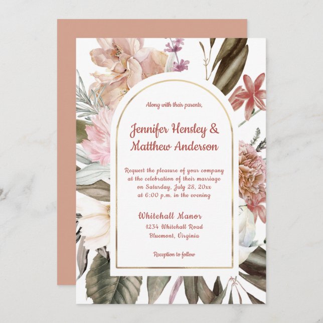 Invitation Pêche et Terracotta Rustique Floral Mariage I (Devant / Derrière)