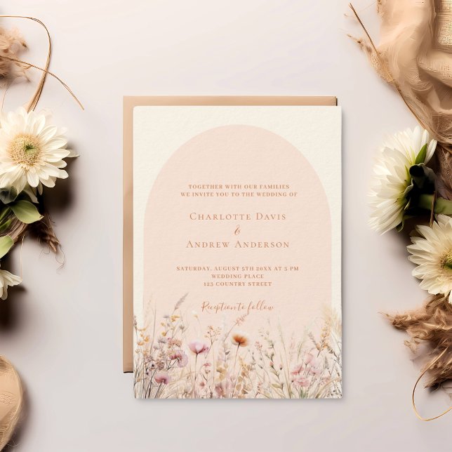 Invitation Pêche fleur sauvage arche beige QR RSVP mariage de (Créateur téléchargé)