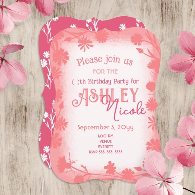 Invitation Pêche, Fleurs sauvages roses Frontières Anniversai (peach pink wildflowers young woman teen birthday invitation with cute floral border)