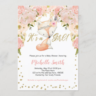 Invitation Pêche Floral, Fox, Woodland Baby Girl Douche